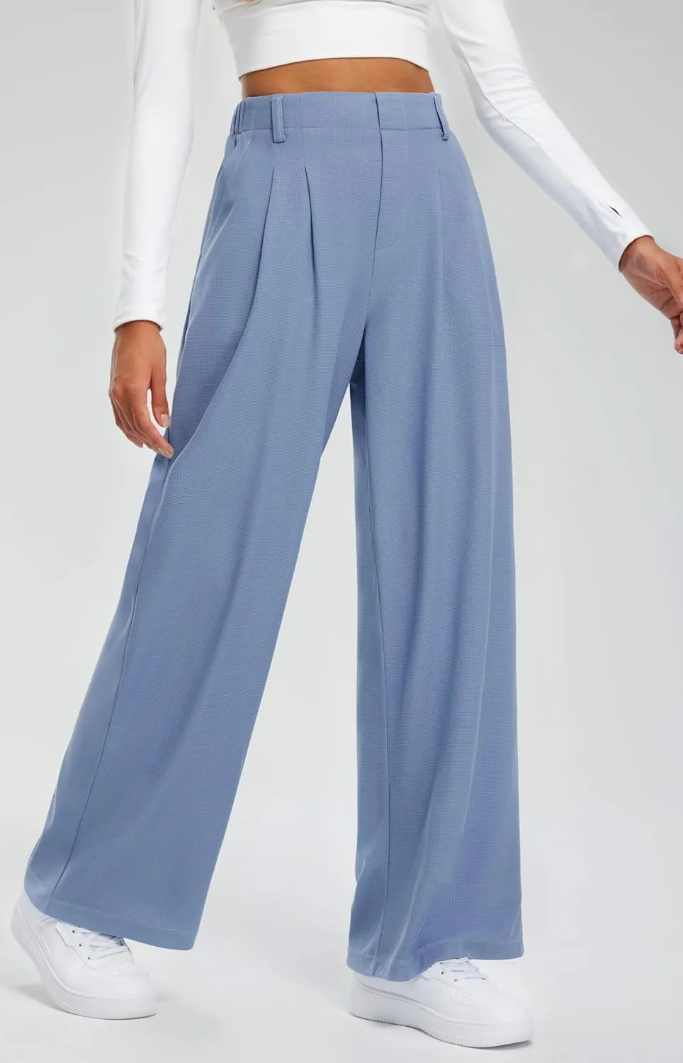 Libin Women's Wide Leg Pants 27"/29" High Waisted Waffle Knit Casual Slacks Work Pants Business Palazzo Trousers with Pockets