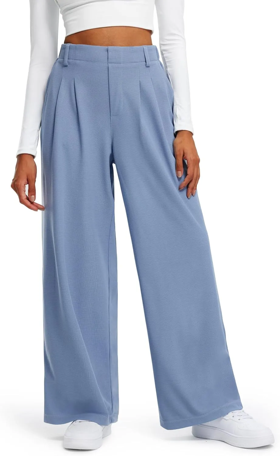 Libin Women's Wide Leg Pants 27"/29" High Waisted Waffle Knit Casual Slacks Work Pants Business Palazzo Trousers with Pockets