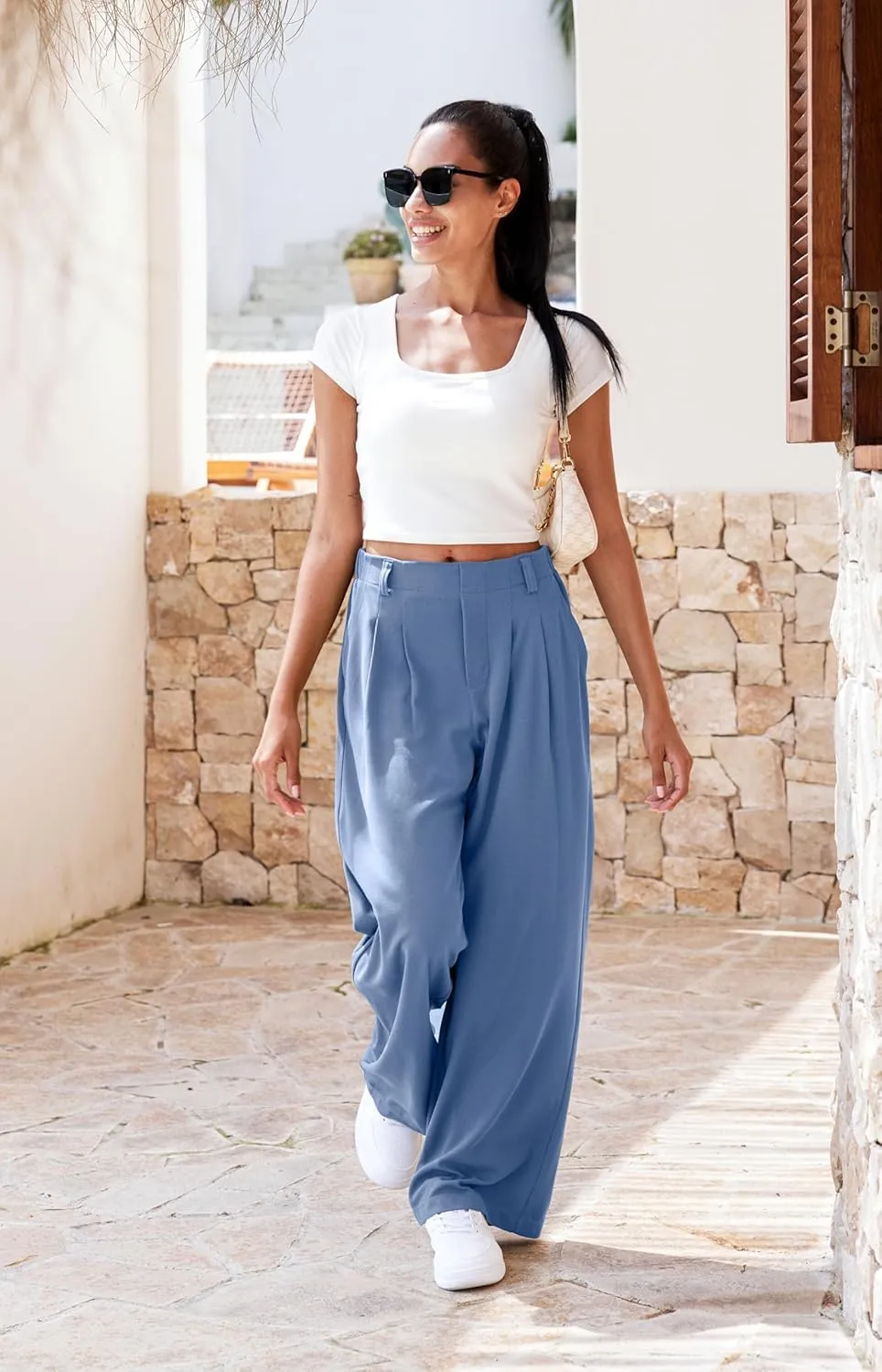 Libin Women's Wide Leg Pants 27"/29" High Waisted Waffle Knit Casual Slacks Work Pants Business Palazzo Trousers with Pockets
