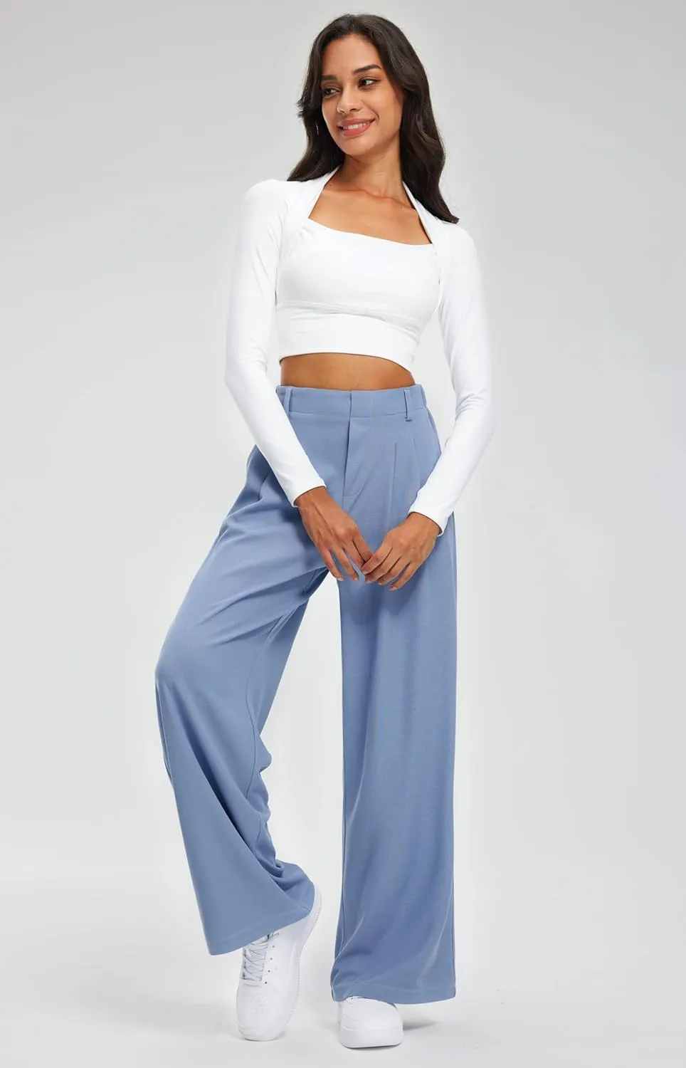 Libin Women's Wide Leg Pants 27"/29" High Waisted Waffle Knit Casual Slacks Work Pants Business Palazzo Trousers with Pockets