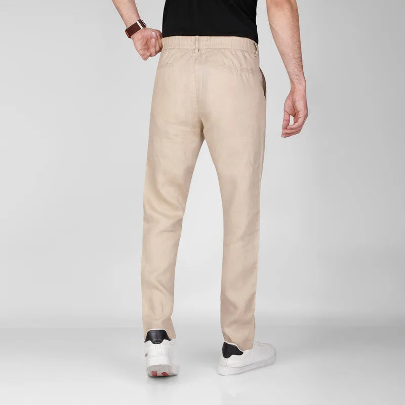 Linen-Cotton Drawstring Trousers  -  BEIGE