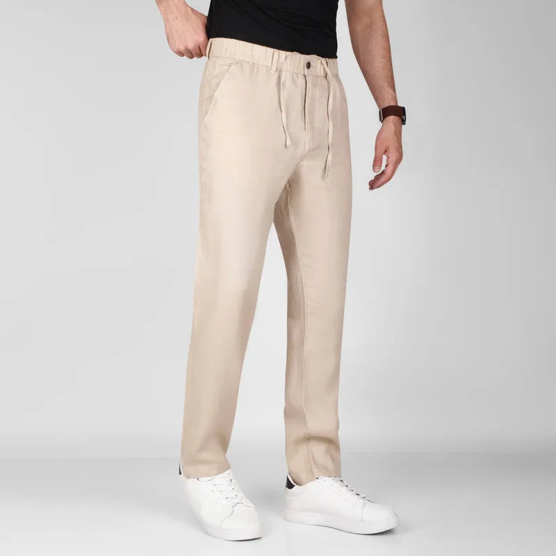 Linen-Cotton Drawstring Trousers  -  BEIGE