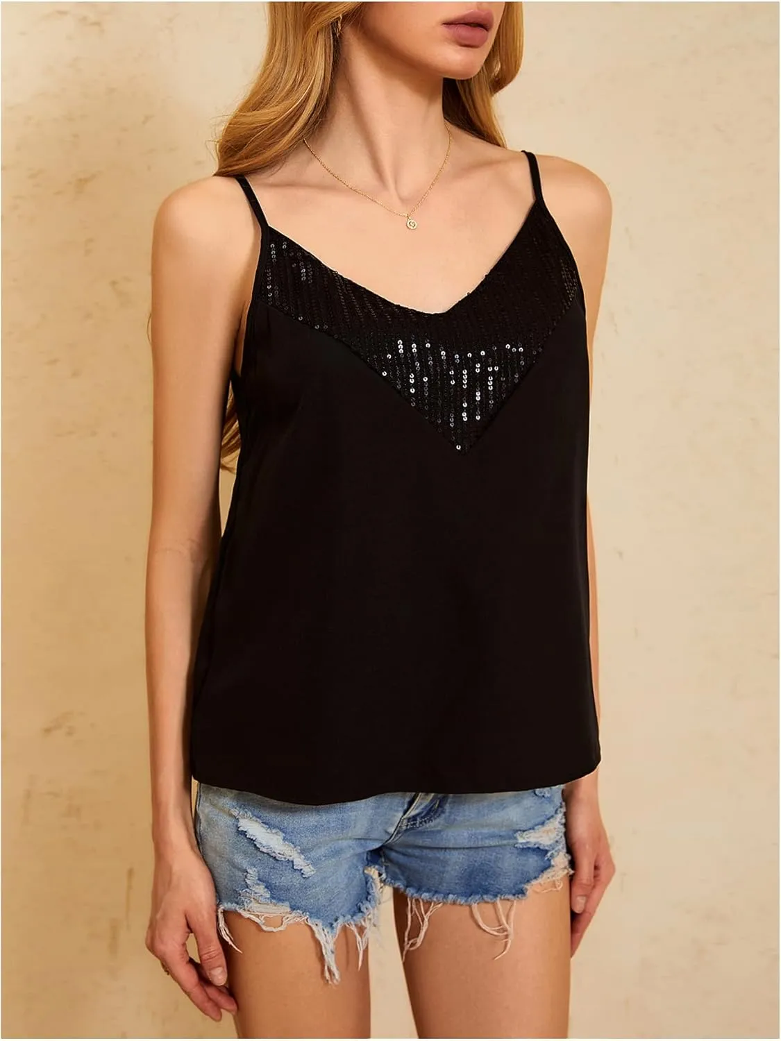 MakeMeChic Women's Casual Glitter Sequin Spaghetti Strap Camisole Sleeveless Summer Tank Cami Tops