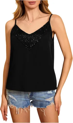 MakeMeChic Women's Casual Glitter Sequin Spaghetti Strap Camisole Sleeveless Summer Tank Cami Tops