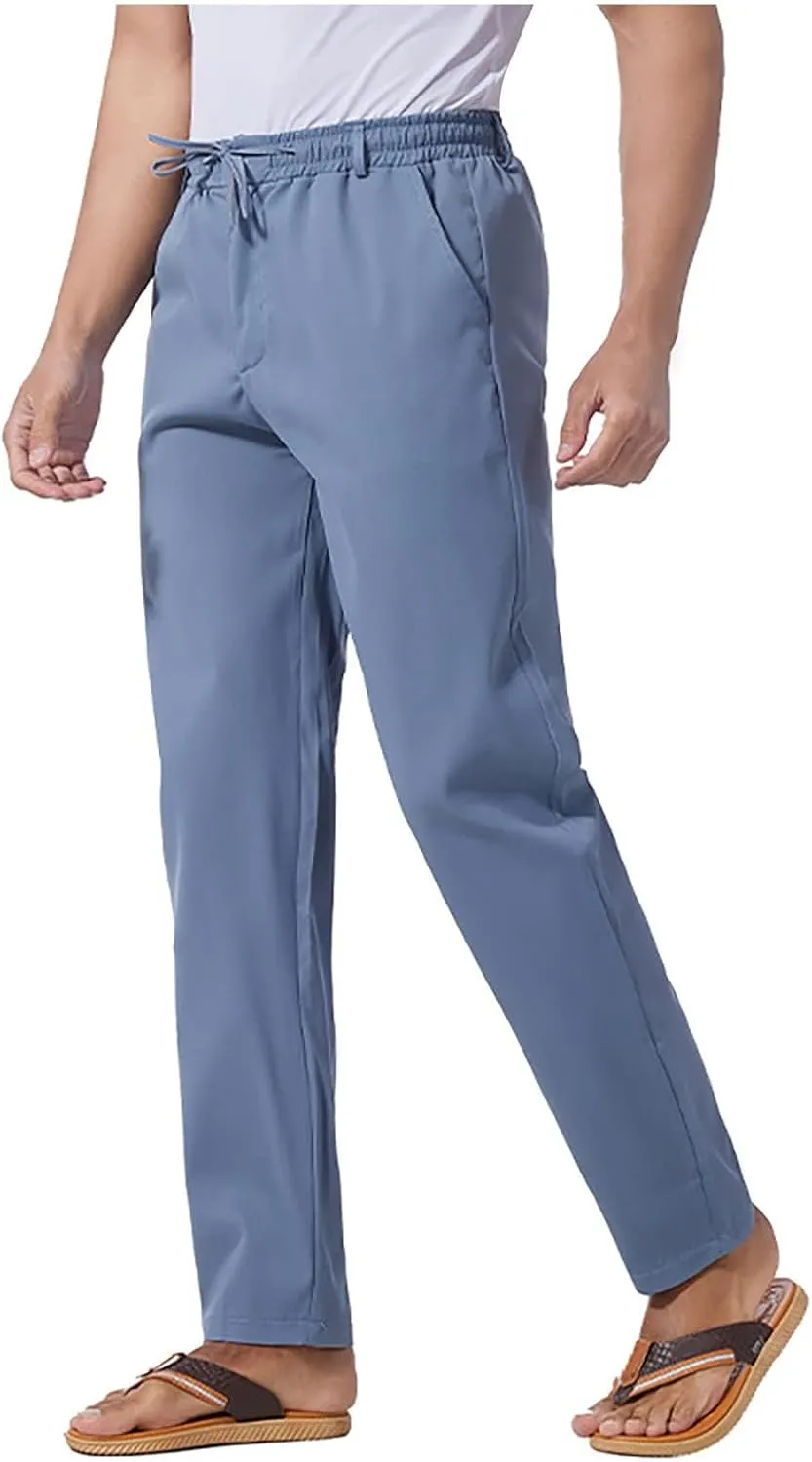 Men's Casual Linen Pants Cotton Drawstring Chino Hiking Pants Summer Yoga Beach Pants Lightweight Trousers for Men
