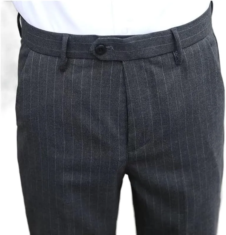 Men's Formal Striped Dress Pants Wrinkle Free Slim Fit Business Flat Front Chino Suit Trousers