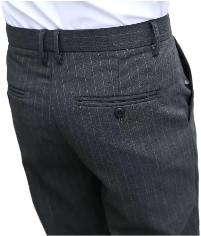Men's Formal Striped Dress Pants Wrinkle Free Slim Fit Business Flat Front Chino Suit Trousers