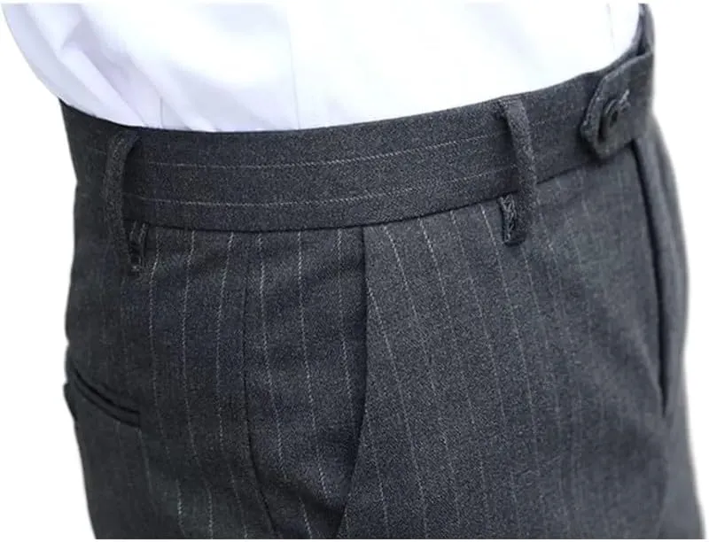 Men's Formal Striped Dress Pants Wrinkle Free Slim Fit Business Flat Front Chino Suit Trousers
