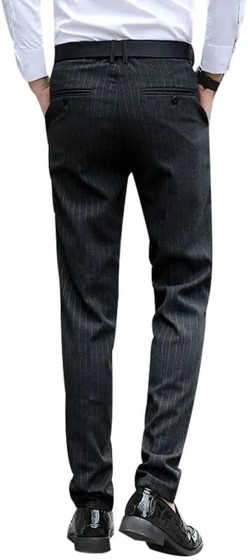 Men's Formal Striped Dress Pants Wrinkle Free Slim Fit Business Flat Front Chino Suit Trousers