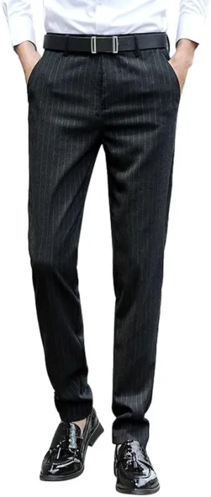 Men's Formal Striped Dress Pants Wrinkle Free Slim Fit Business Flat Front Chino Suit Trousers