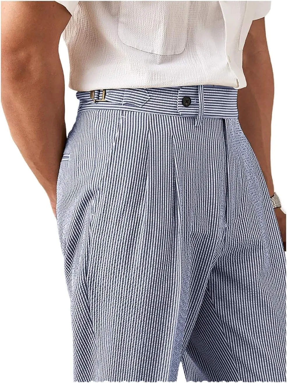 Men's Seersucker Gurkha Suit Pant Dress Casual Summer Lightweight Trousers Beach