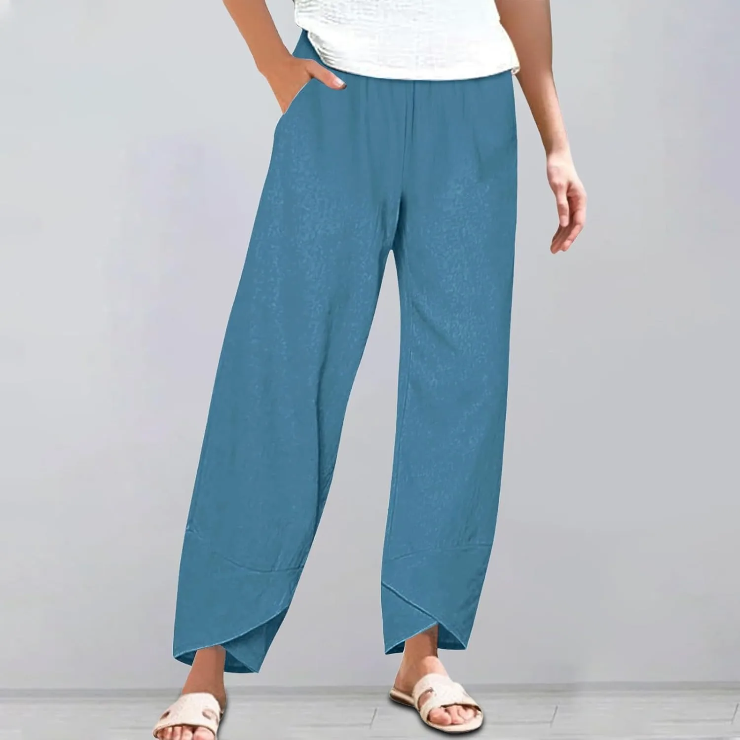 Miyaomn Linen Pants for Women Casual Summer Elastic Waist Capri Pants Solid Color Loose Wide Leg Cropped Trousers with Pocket