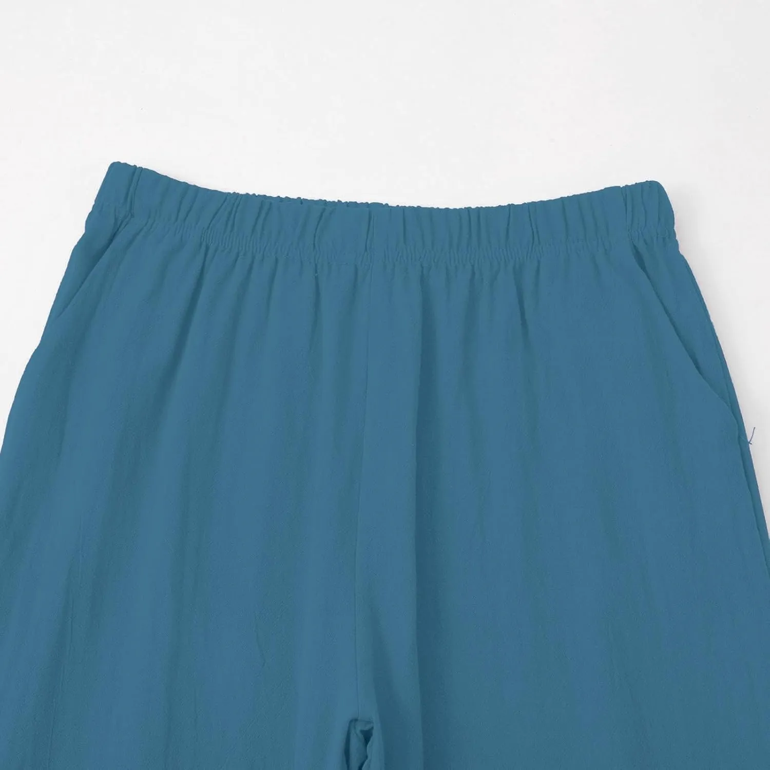 Miyaomn Linen Pants for Women Casual Summer Elastic Waist Capri Pants Solid Color Loose Wide Leg Cropped Trousers with Pocket