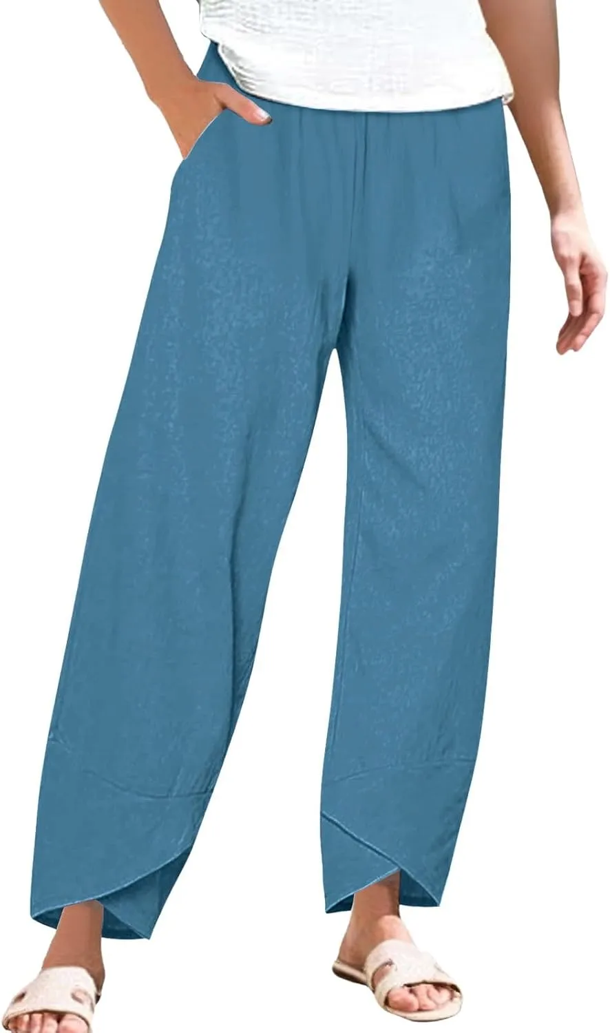 Miyaomn Linen Pants for Women Casual Summer Elastic Waist Capri Pants Solid Color Loose Wide Leg Cropped Trousers with Pocket