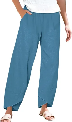 Miyaomn Linen Pants for Women Casual Summer Elastic Waist Capri Pants Solid Color Loose Wide Leg Cropped Trousers with Pocket