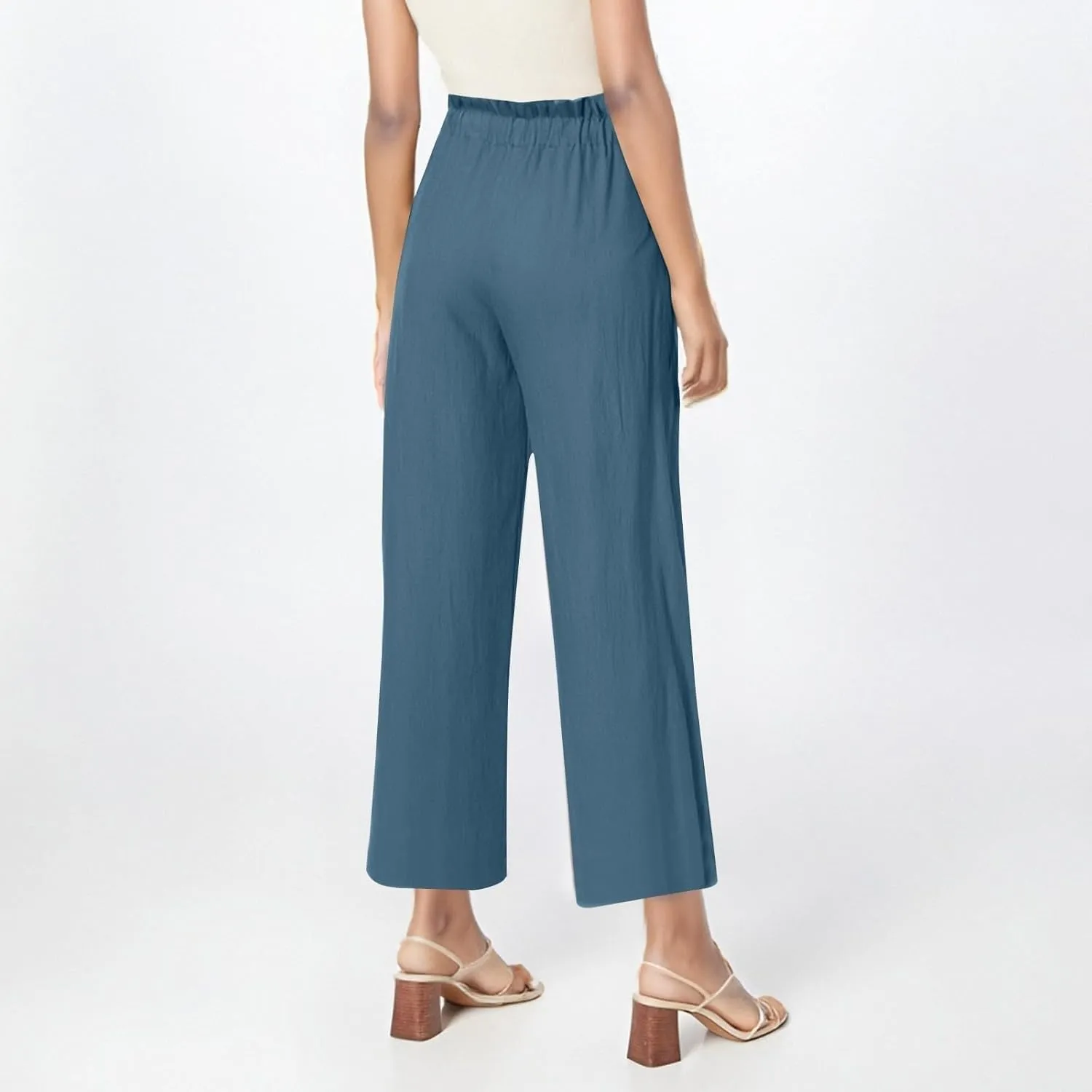 Miyaomn Wide Leg Linen Pants for Women Drawstring Summer Palazzo Flowy Pants Casual Loose High Waisted Trousers with Pockets