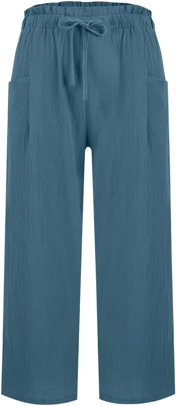 Miyaomn Wide Leg Linen Pants for Women Drawstring Summer Palazzo Flowy Pants Casual Loose High Waisted Trousers with Pockets