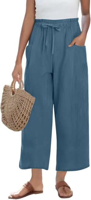Miyaomn Wide Leg Linen Pants for Women Drawstring Summer Palazzo Flowy Pants Casual Loose High Waisted Trousers with Pockets