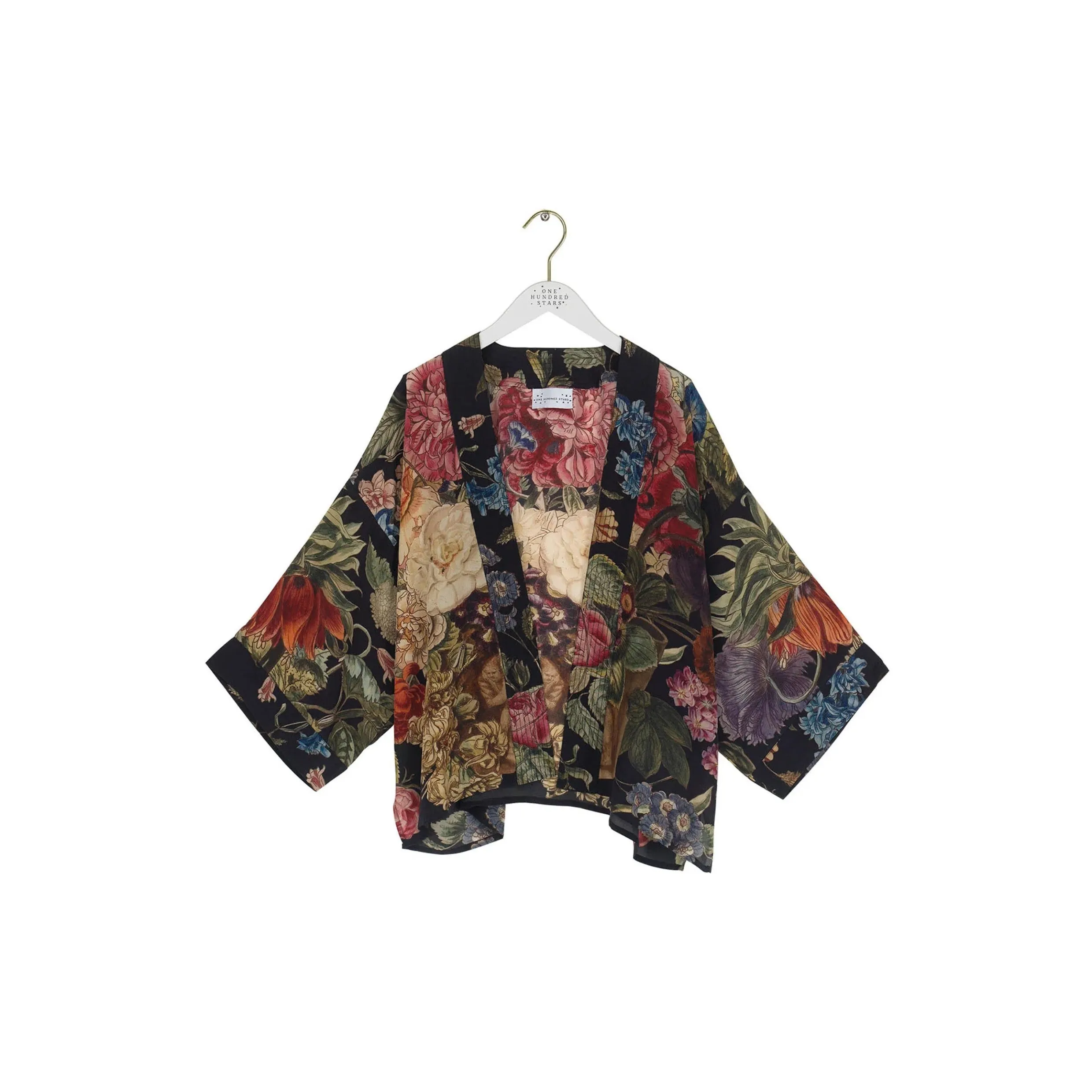 One Hundred Stars Primula Black Crepe Kimono