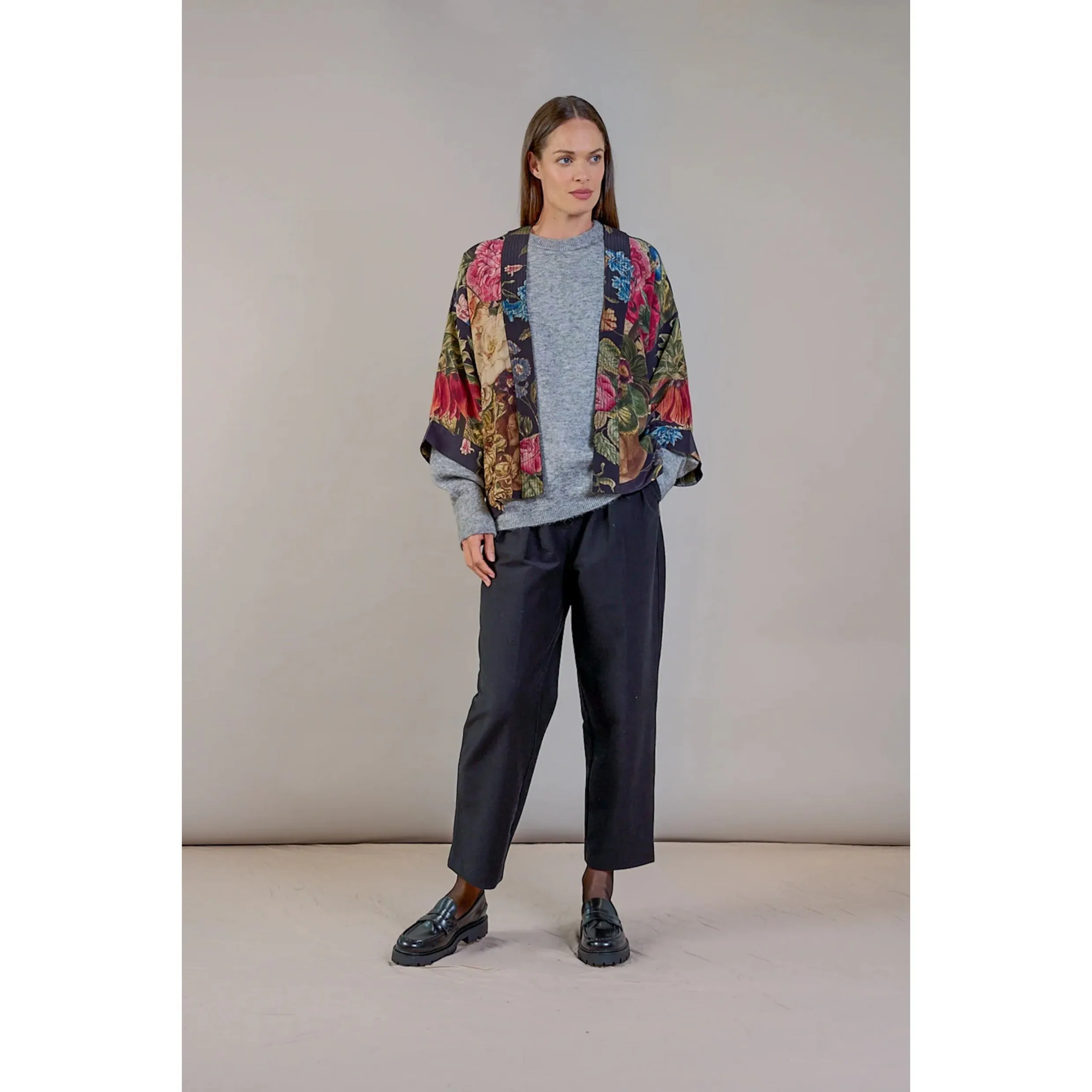 One Hundred Stars Primula Black Crepe Kimono