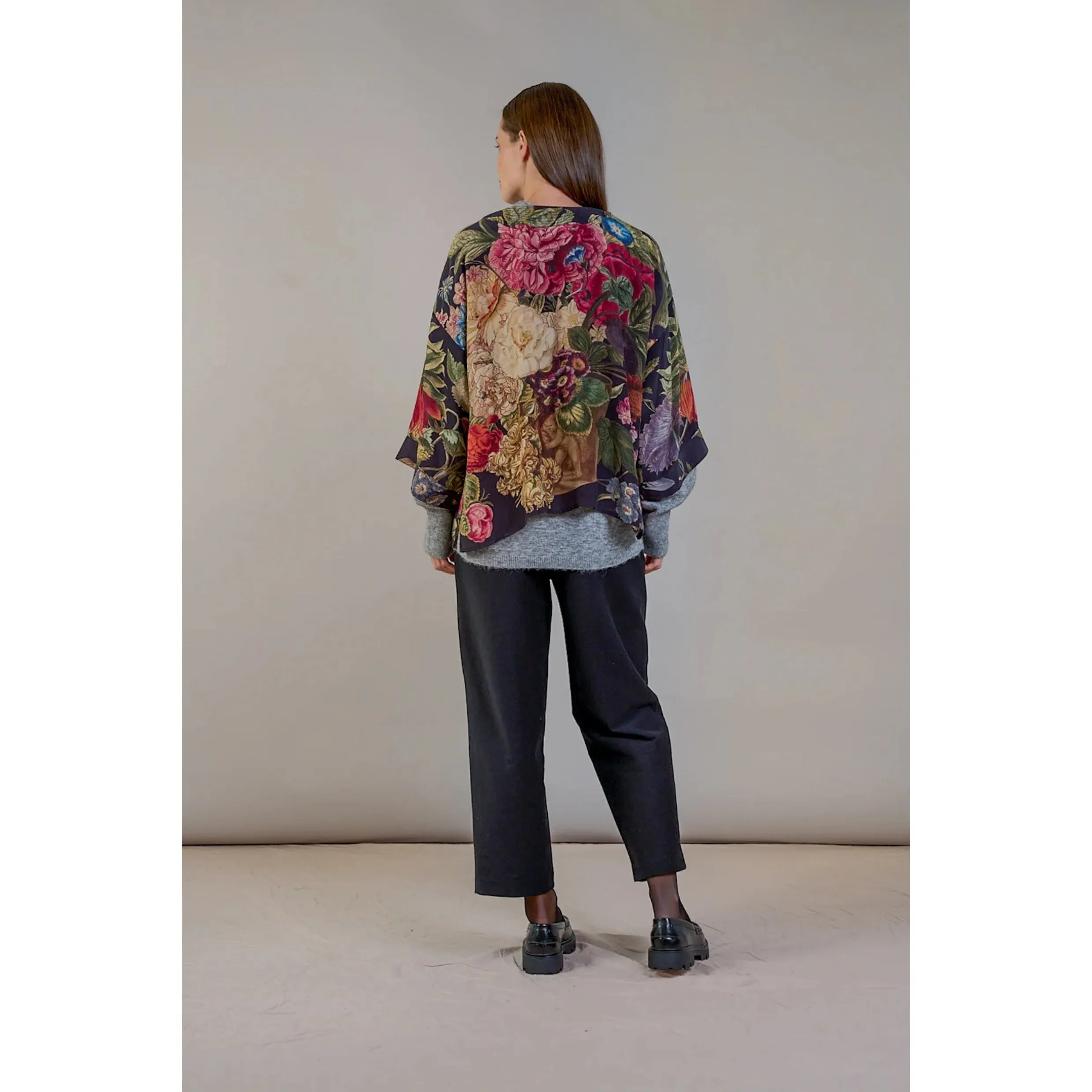 One Hundred Stars Primula Black Crepe Kimono