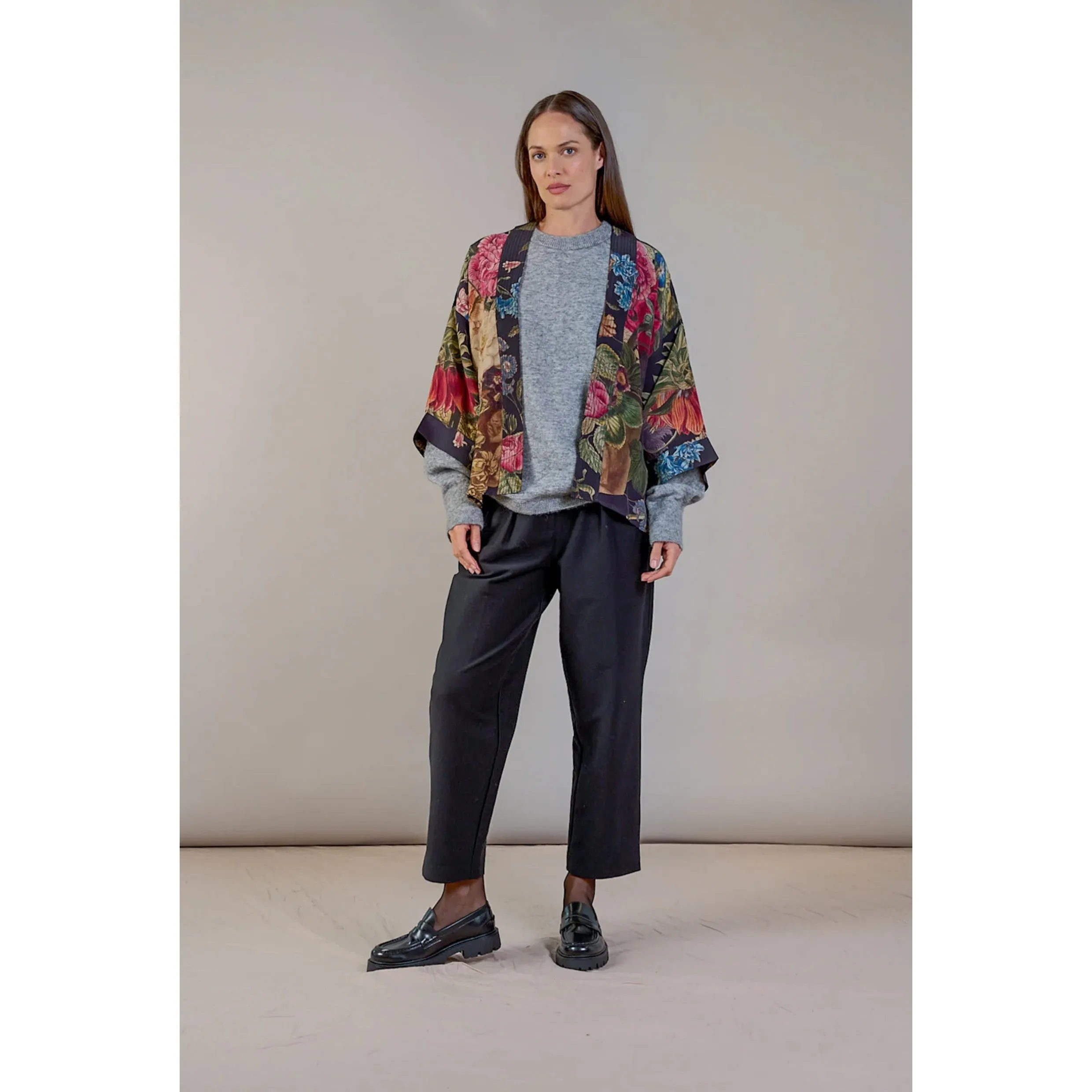 One Hundred Stars Primula Black Crepe Kimono