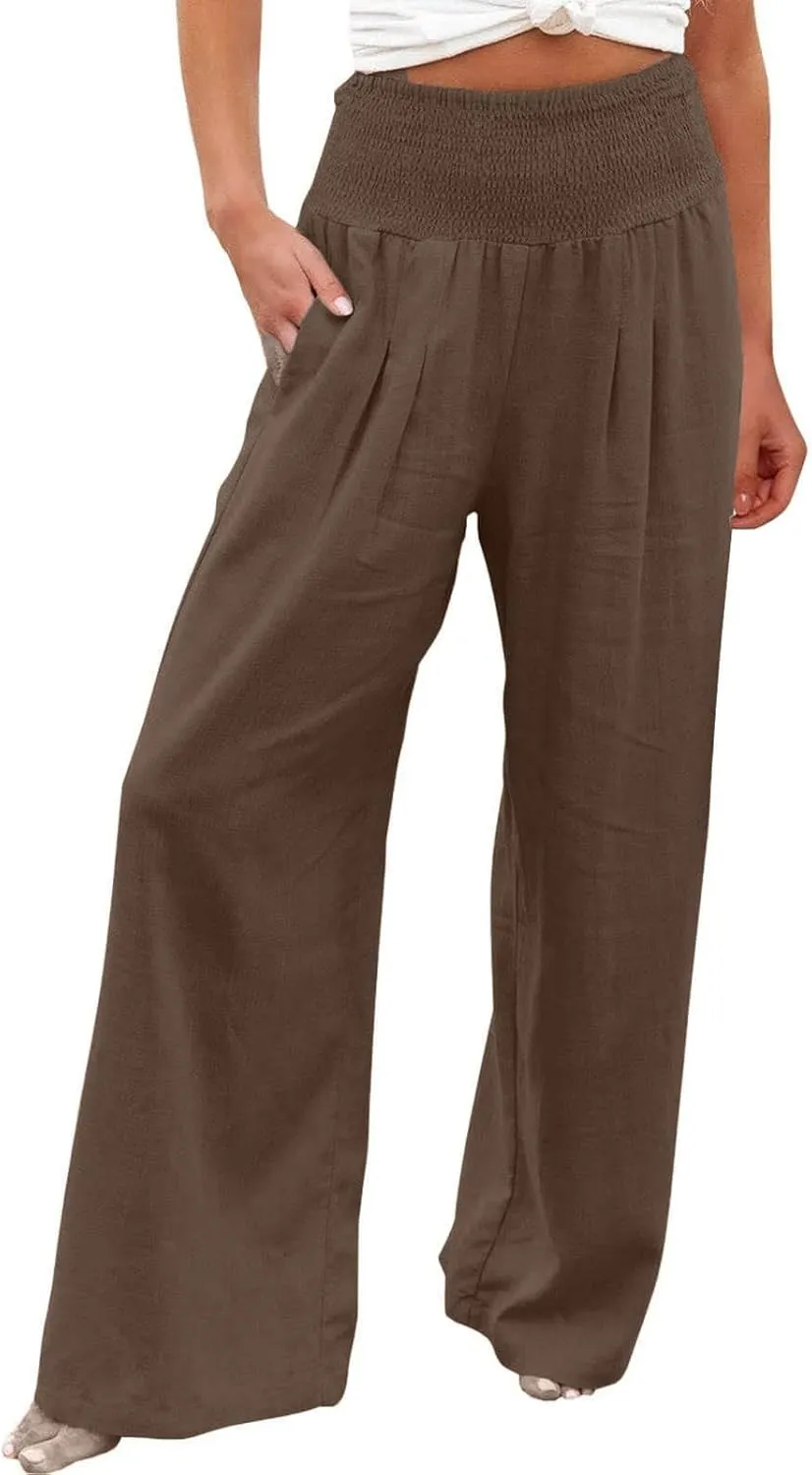 Palazzo Pants for Women Wide Leg High Waist Linen Trousers Stretchy Fall Casual Loose Comfy Pant with Pockets
