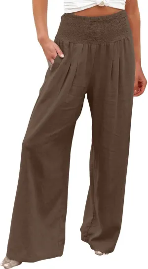 Palazzo Pants for Women Wide Leg High Waist Linen Trousers Stretchy Fall Casual Loose Comfy Pant with Pockets