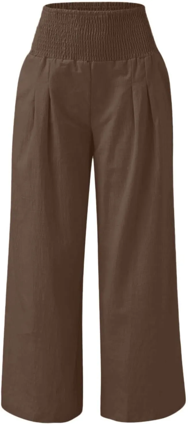 Palazzo Pants for Women Wide Leg High Waist Linen Trousers Stretchy Fall Casual Loose Comfy Pant with Pockets