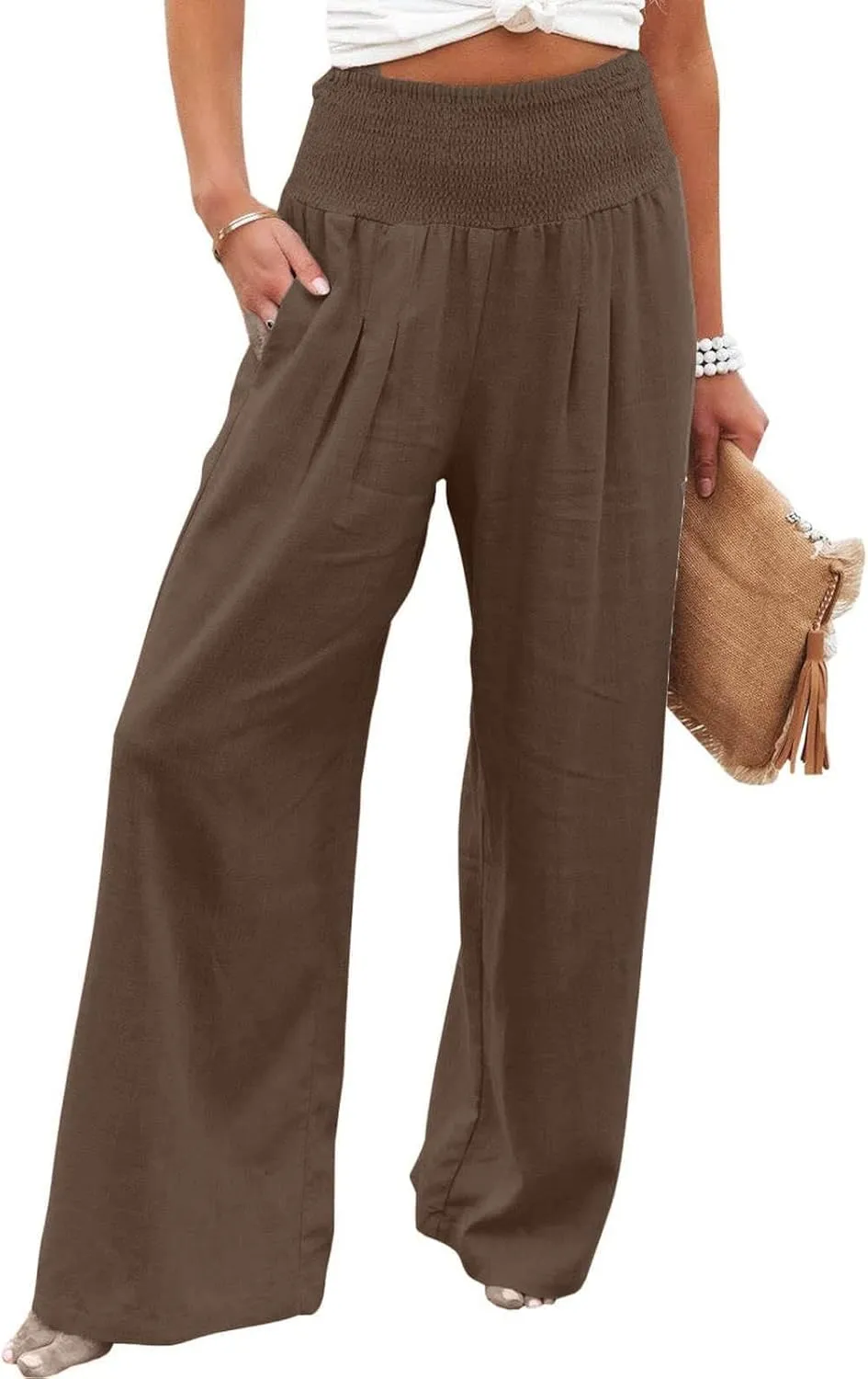 Palazzo Pants for Women Wide Leg High Waist Linen Trousers Stretchy Fall Casual Loose Comfy Pant with Pockets