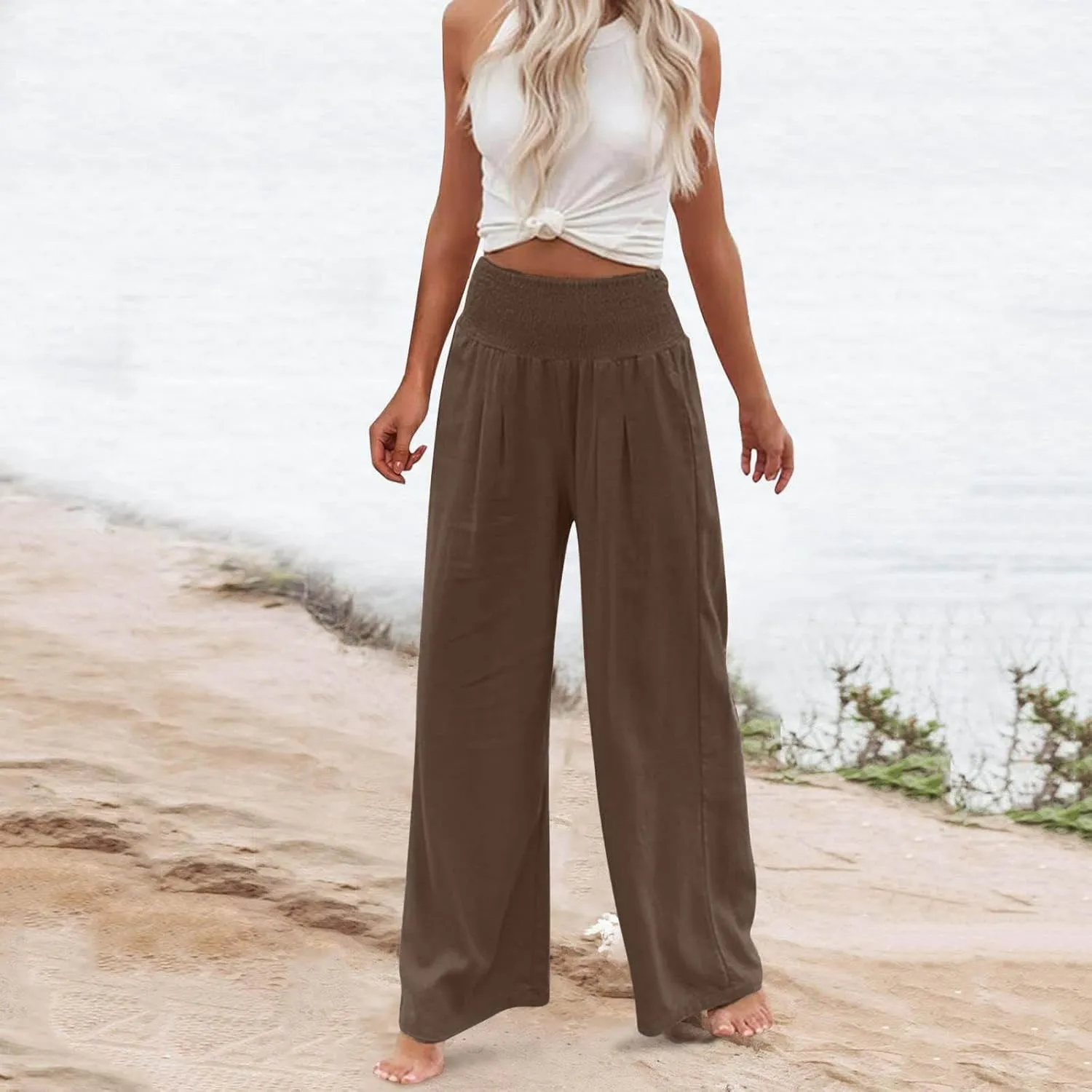 Palazzo Pants for Women Wide Leg High Waist Linen Trousers Stretchy Fall Casual Loose Comfy Pant with Pockets