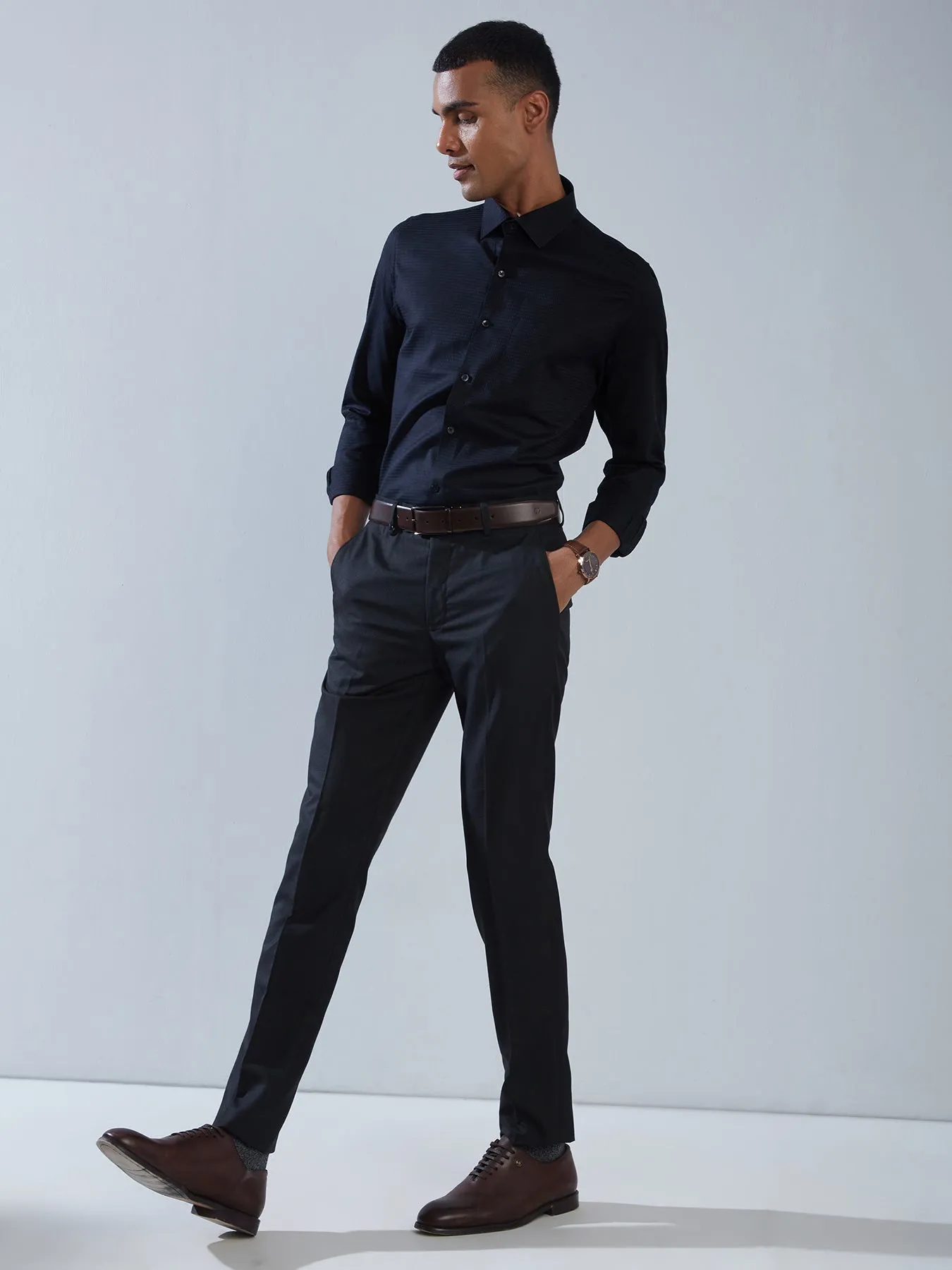 Pv Black Plain Slim Fit Flat Front Formal Trouser