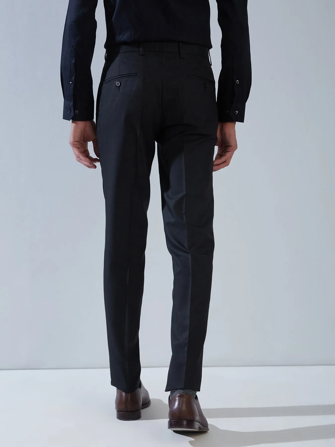 Pv Black Plain Slim Fit Flat Front Formal Trouser