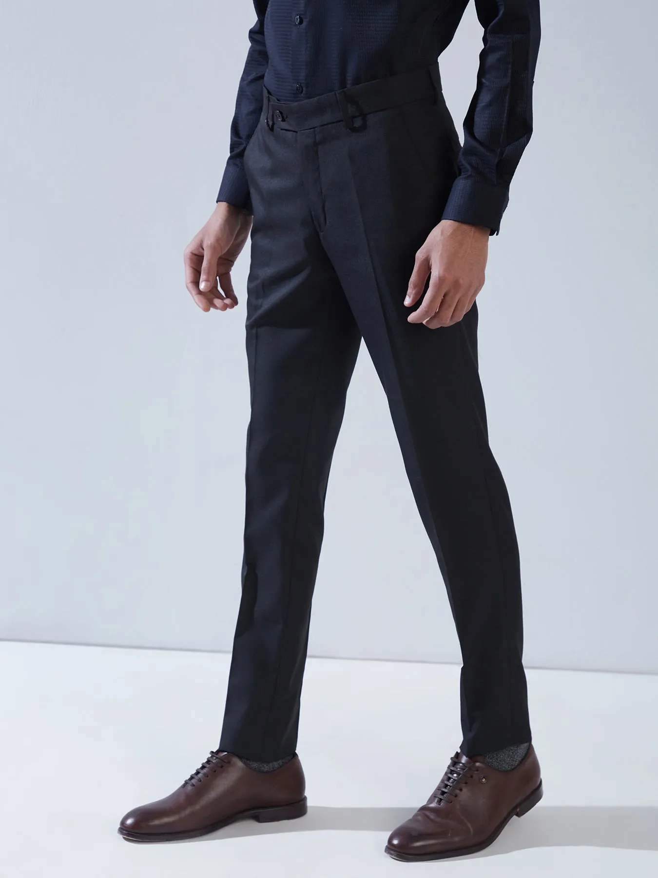 Pv Black Plain Slim Fit Flat Front Formal Trouser