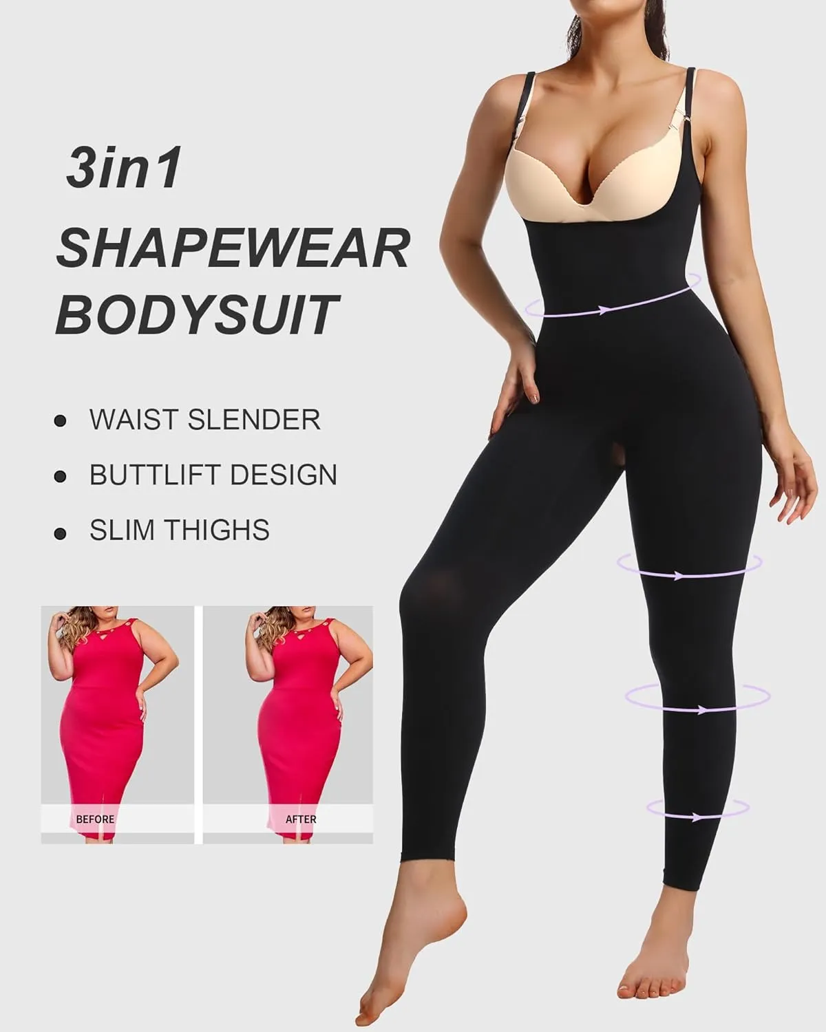 SHAPERX Hourglass Leggings 360 Compression 2 Sizes Look Full Body Shaper Breathable No Roll Down