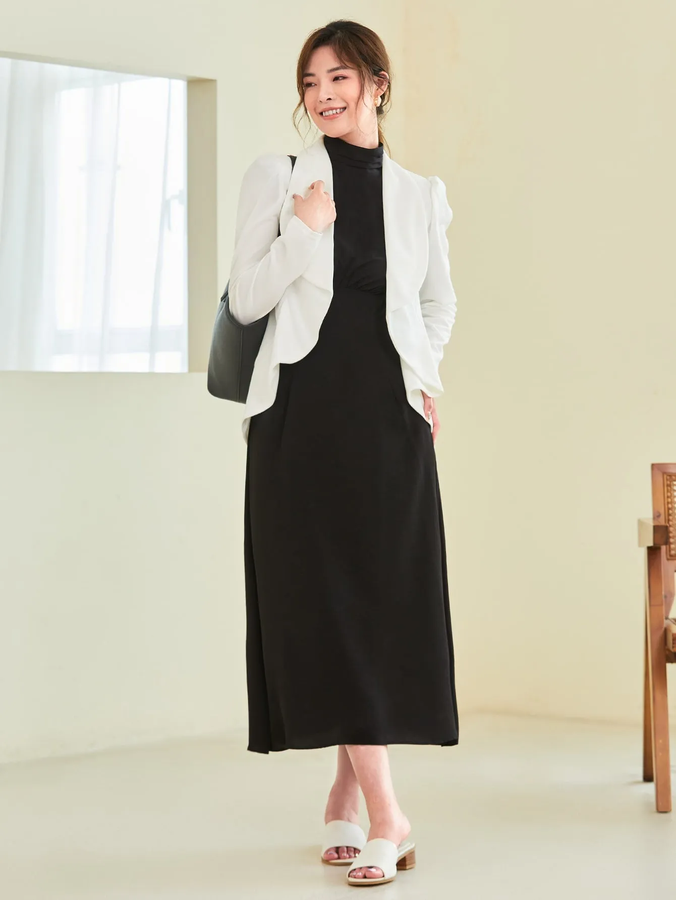 Shawl Collar Puff Sleeve Open Front Blazer Without Cami Top