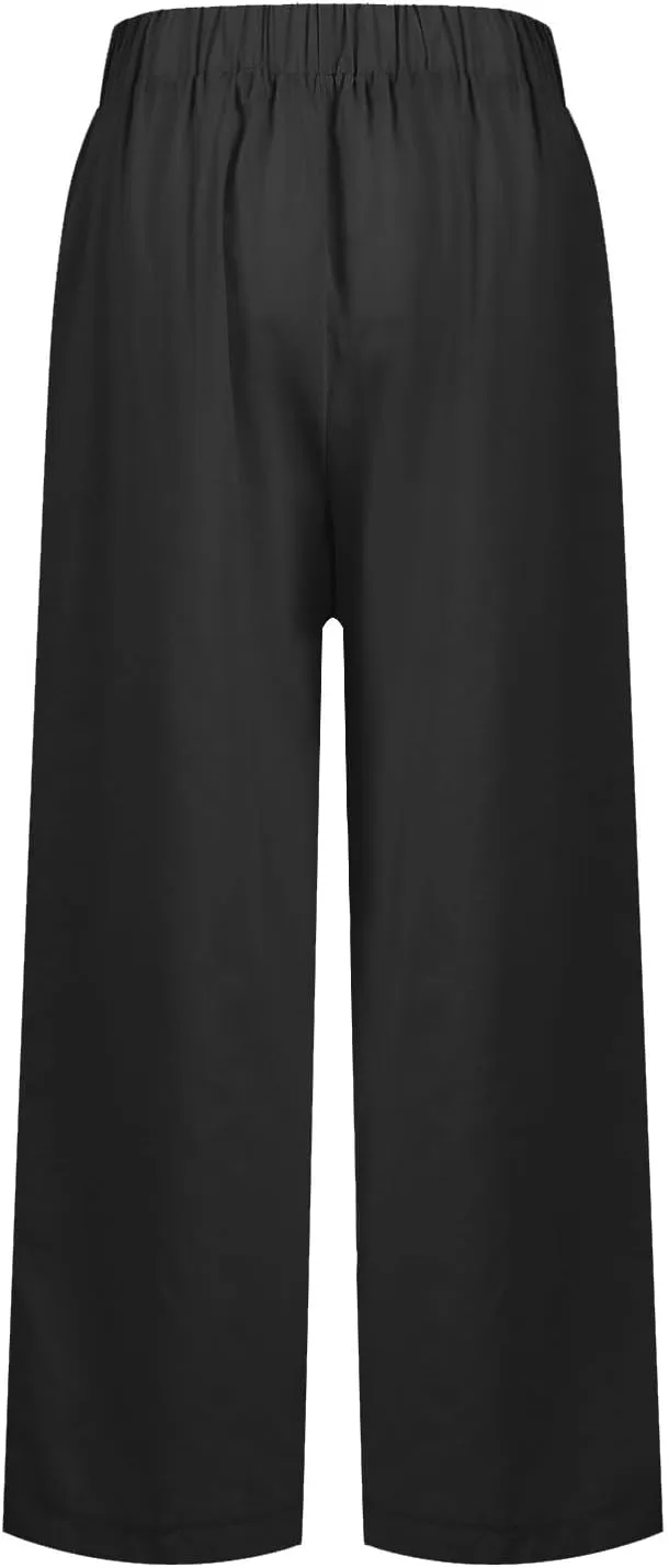 Straight Leg Linen Pants Women Summer Elastic Waist Plus Size Capri Pants Comfy Baggy Beach Trousers with Pockets