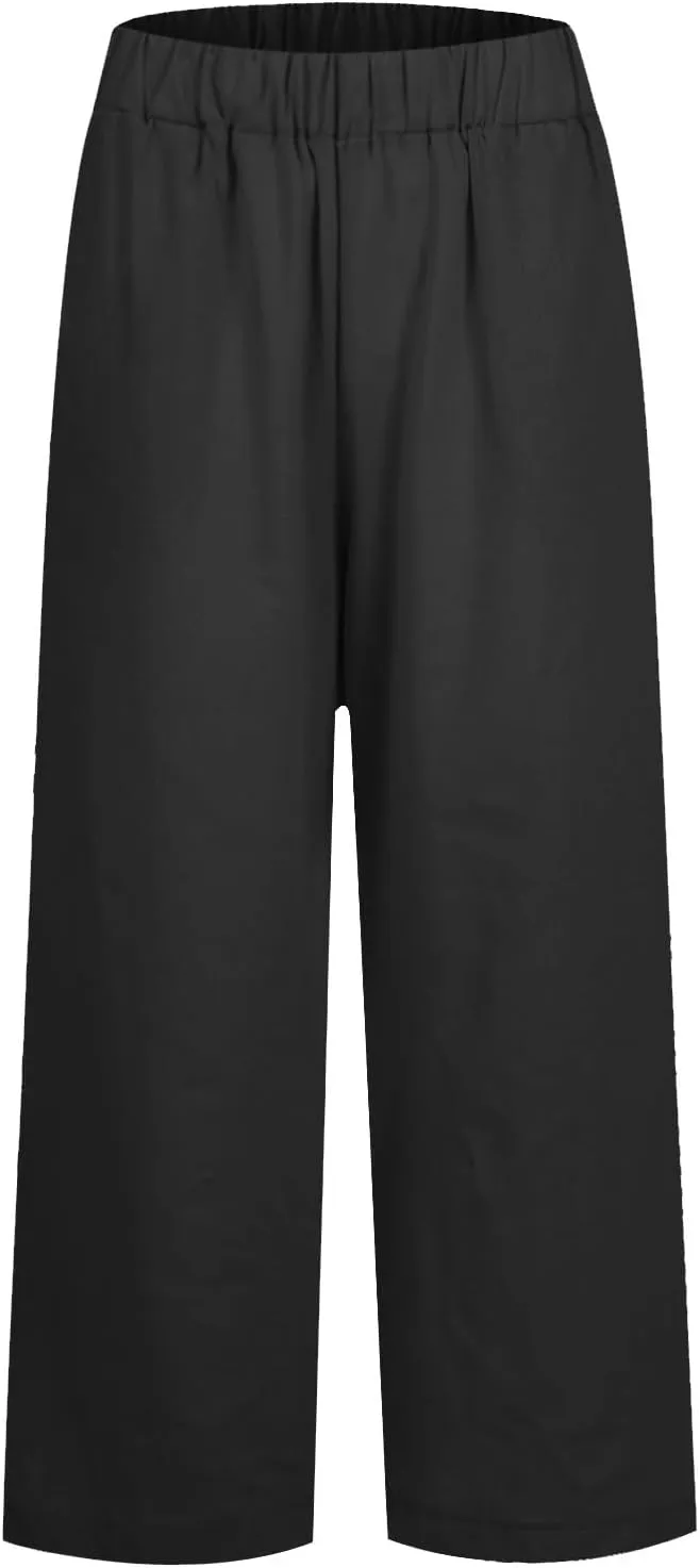 Straight Leg Linen Pants Women Summer Elastic Waist Plus Size Capri Pants Comfy Baggy Beach Trousers with Pockets