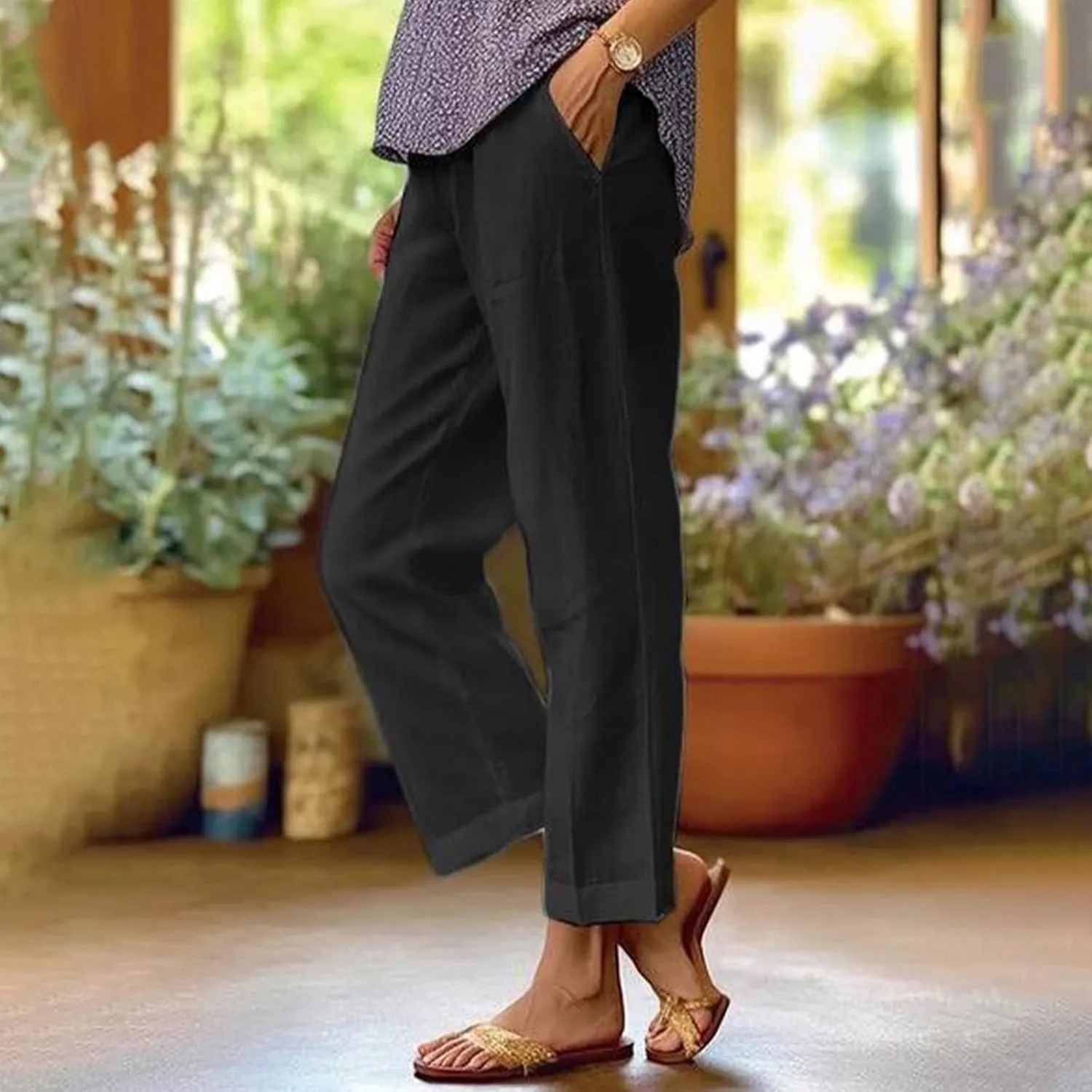 Straight Leg Linen Pants Women Summer Elastic Waist Plus Size Capri Pants Comfy Baggy Beach Trousers with Pockets