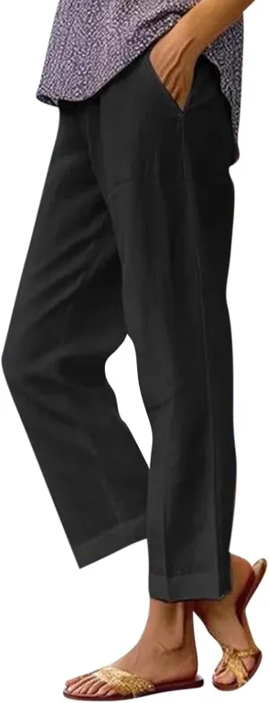 Straight Leg Linen Pants Women Summer Elastic Waist Plus Size Capri Pants Comfy Baggy Beach Trousers with Pockets