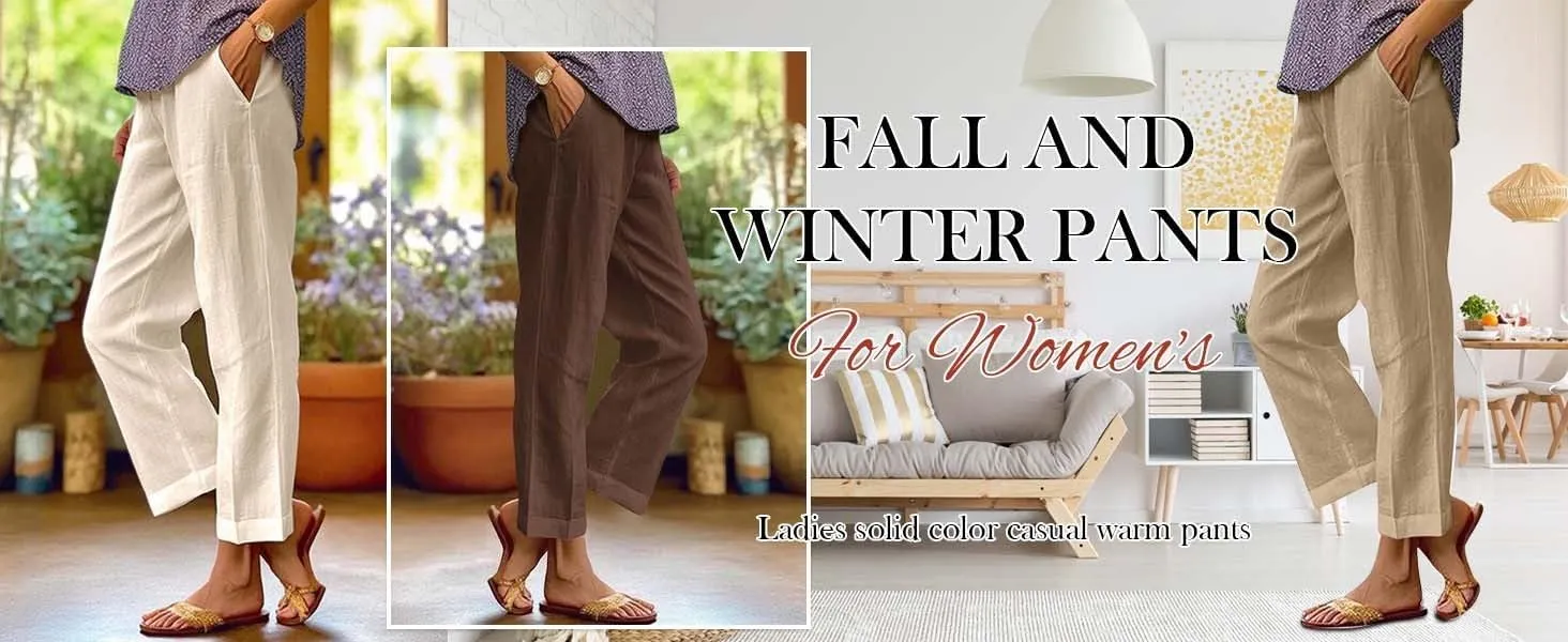 Straight Leg Linen Pants Women Summer Elastic Waist Plus Size Capri Pants Comfy Baggy Beach Trousers with Pockets