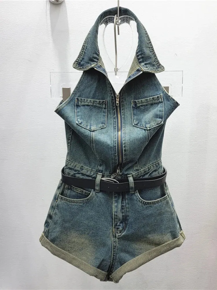 Trendy Halter Denim Shorts Set with Belt