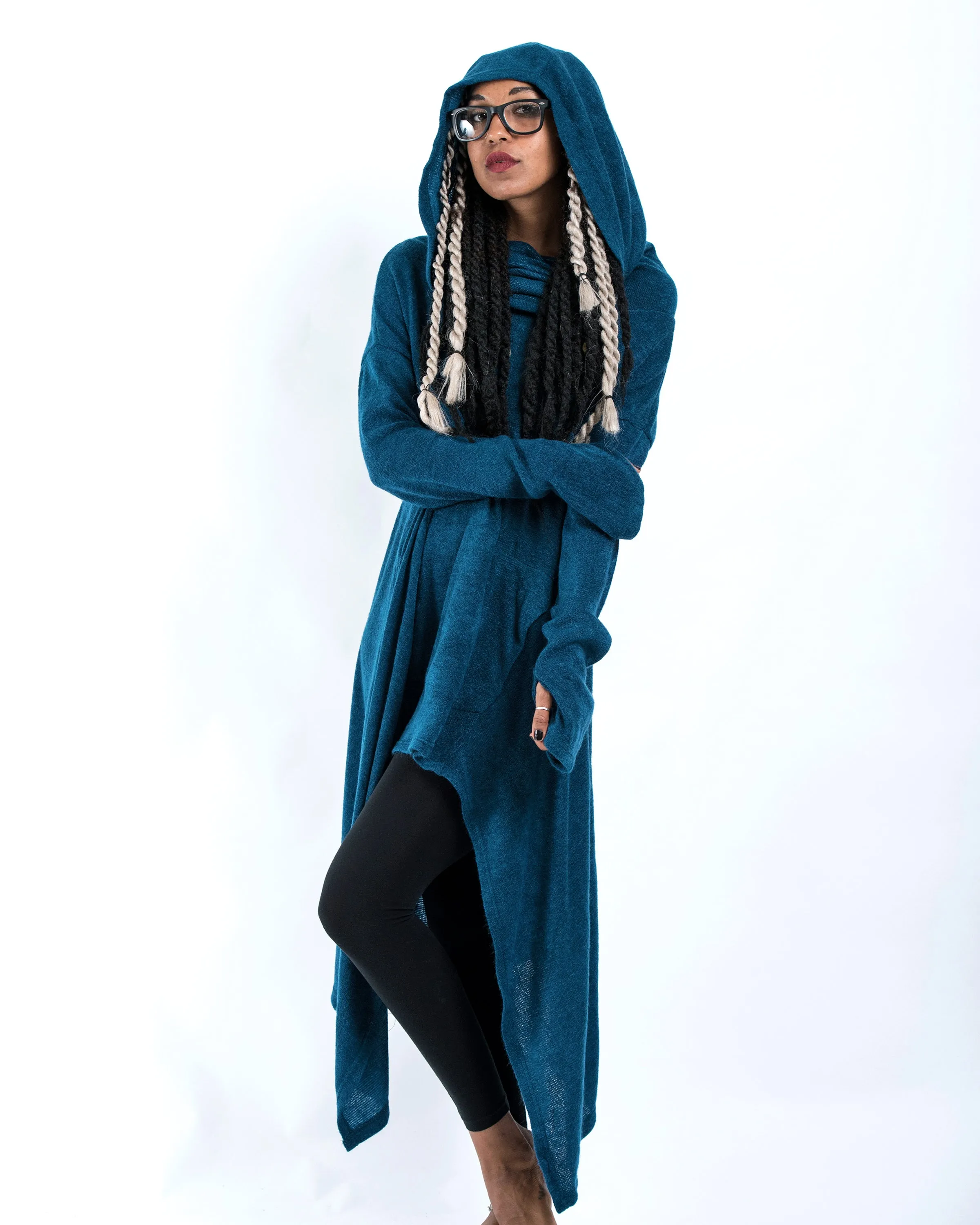 Ultra Long Hooded Sweater in Blue