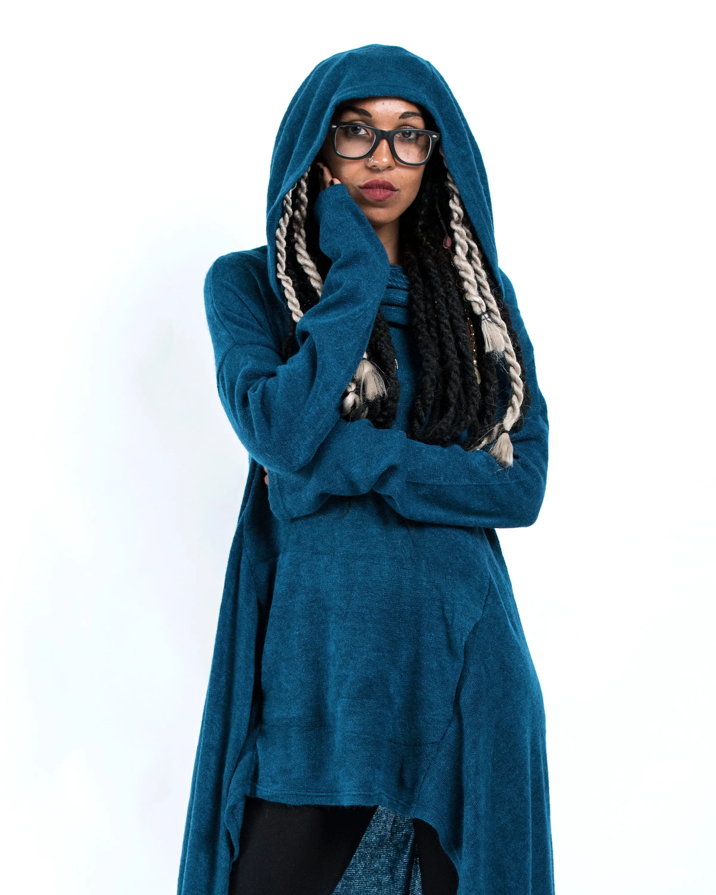 Ultra Long Hooded Sweater in Blue