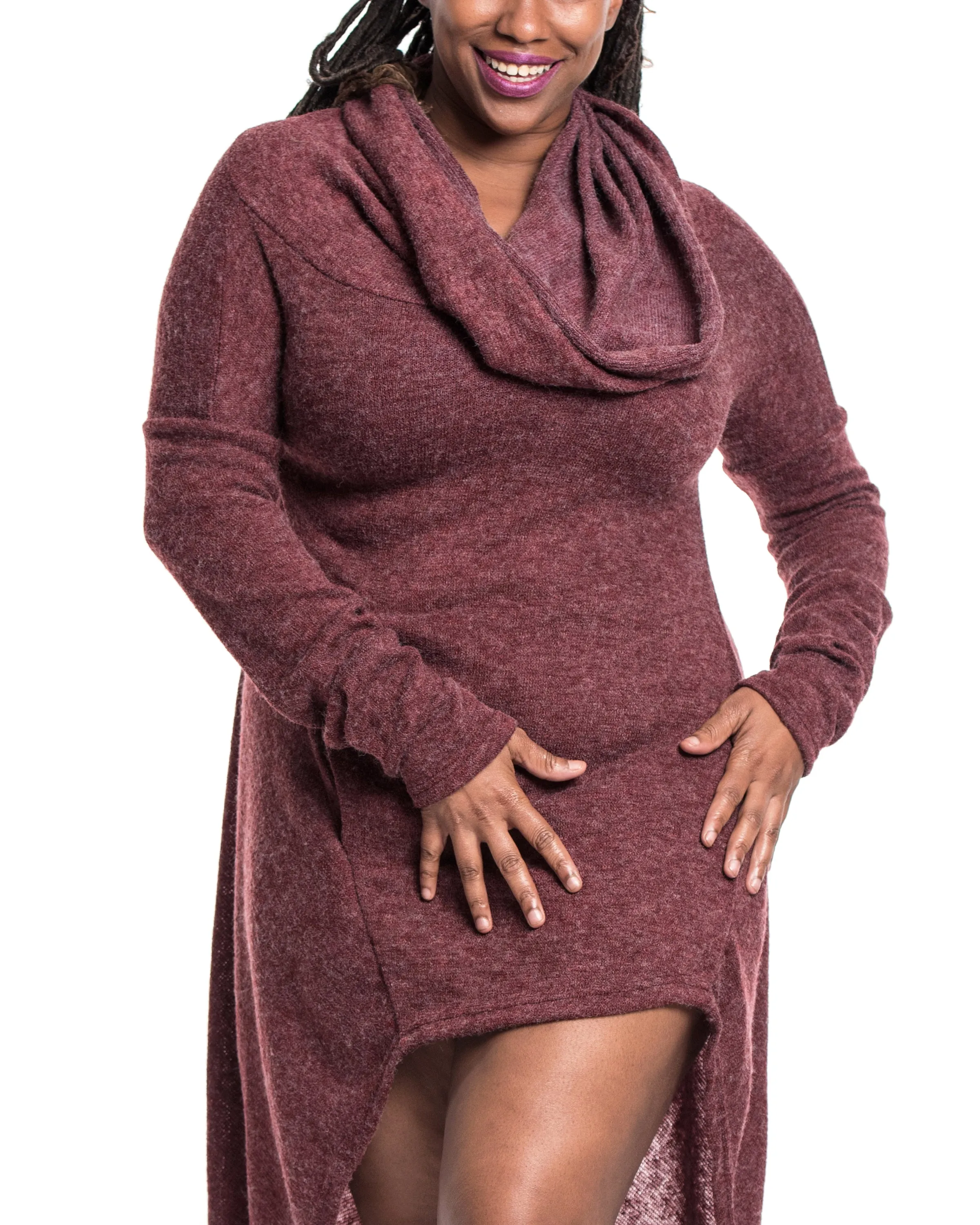 Ultra Long Hooded Sweater in Maroon
