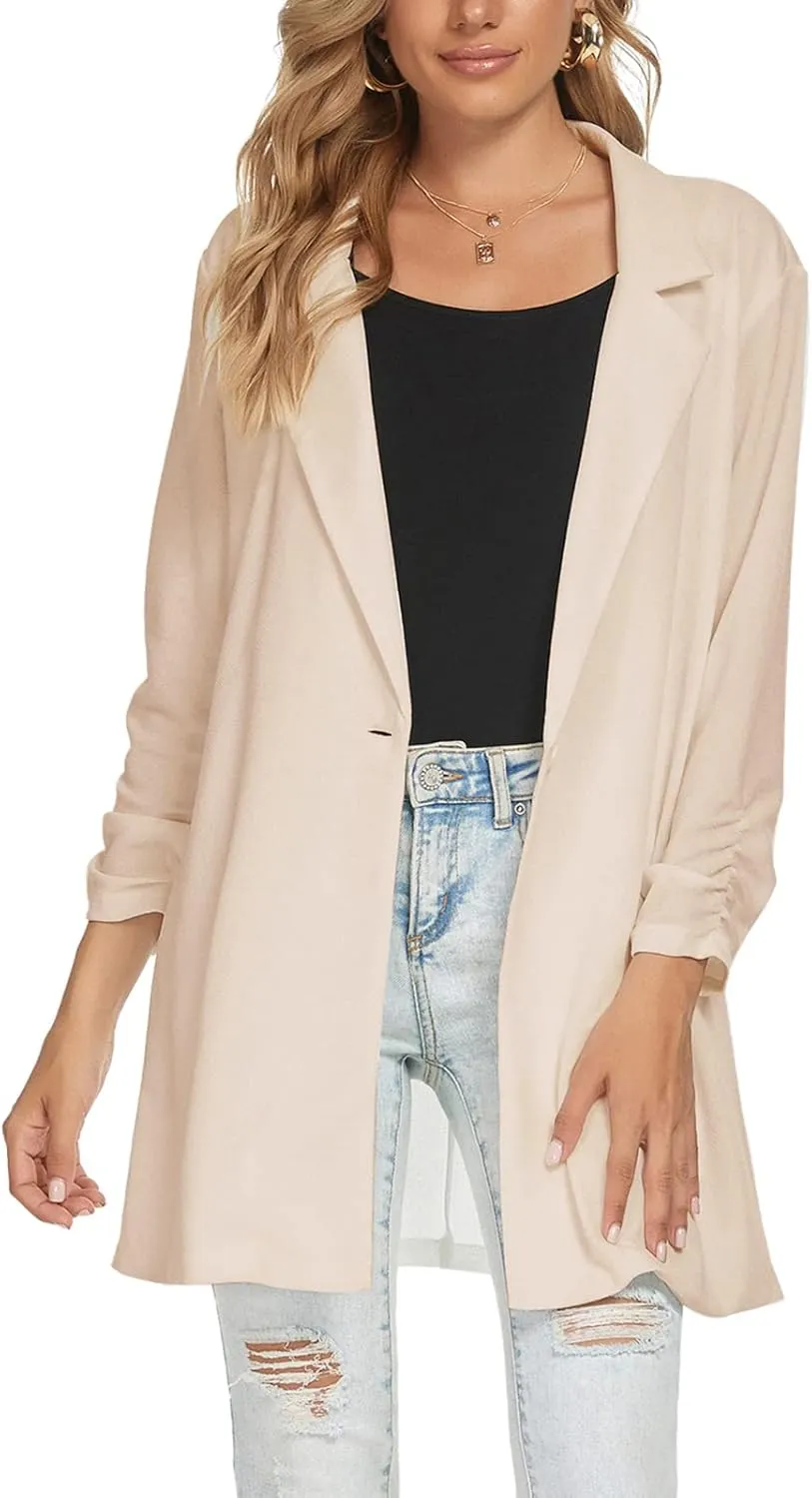 Unifizz Women Long Blazers for Business Casual 3/4 Sleeve Button Front Notch Lapel Lightweight Work Office Blazer Jackets