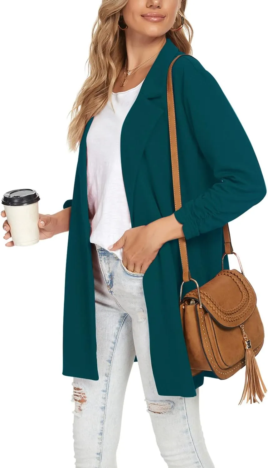 Unifizz Women Long Blazers for Business Casual 3/4 Sleeve Button Front Notch Lapel Lightweight Work Office Blazer Jackets