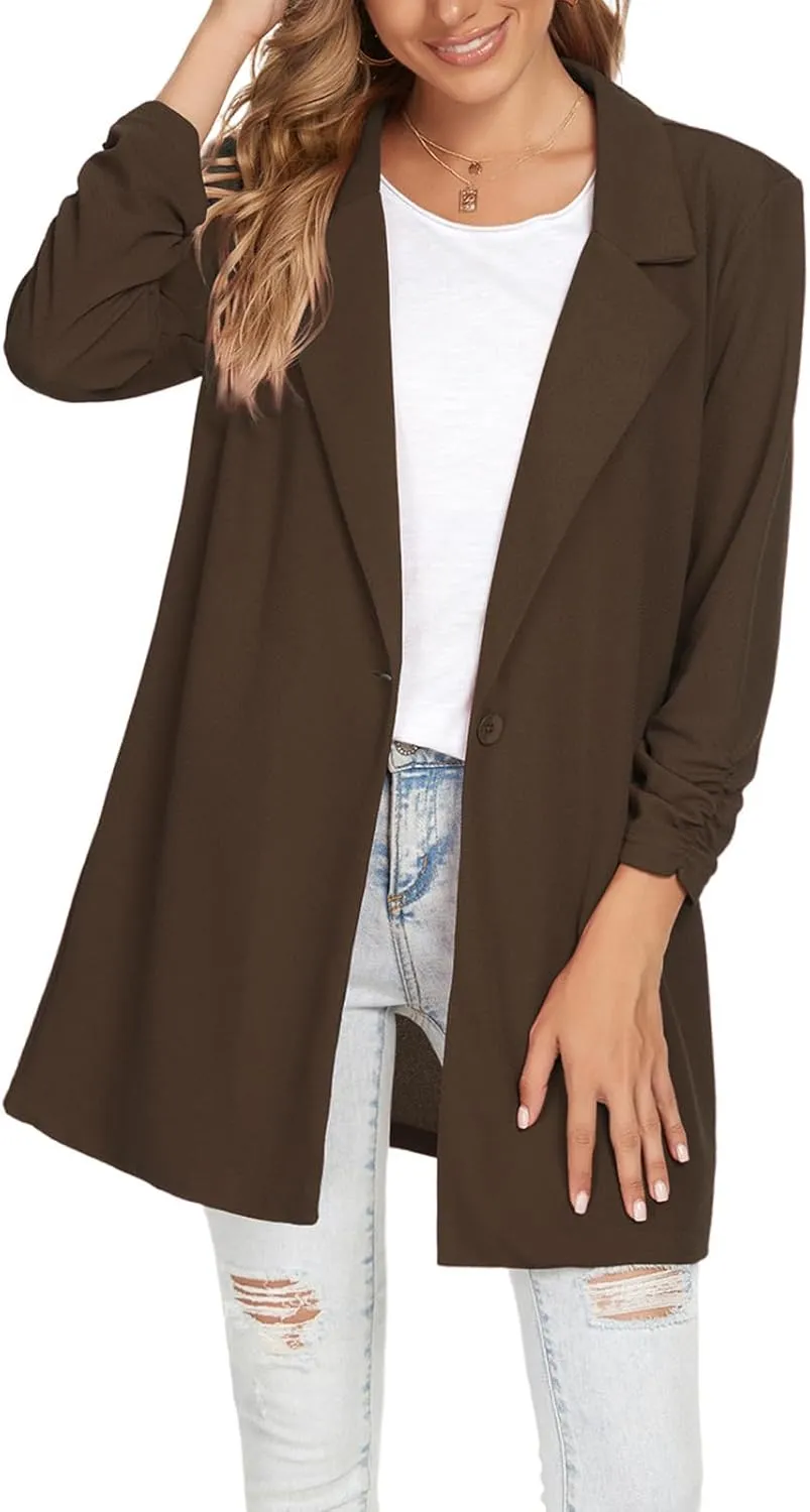 Unifizz Women Long Blazers for Business Casual 3/4 Sleeve Button Front Notch Lapel Lightweight Work Office Blazer Jackets