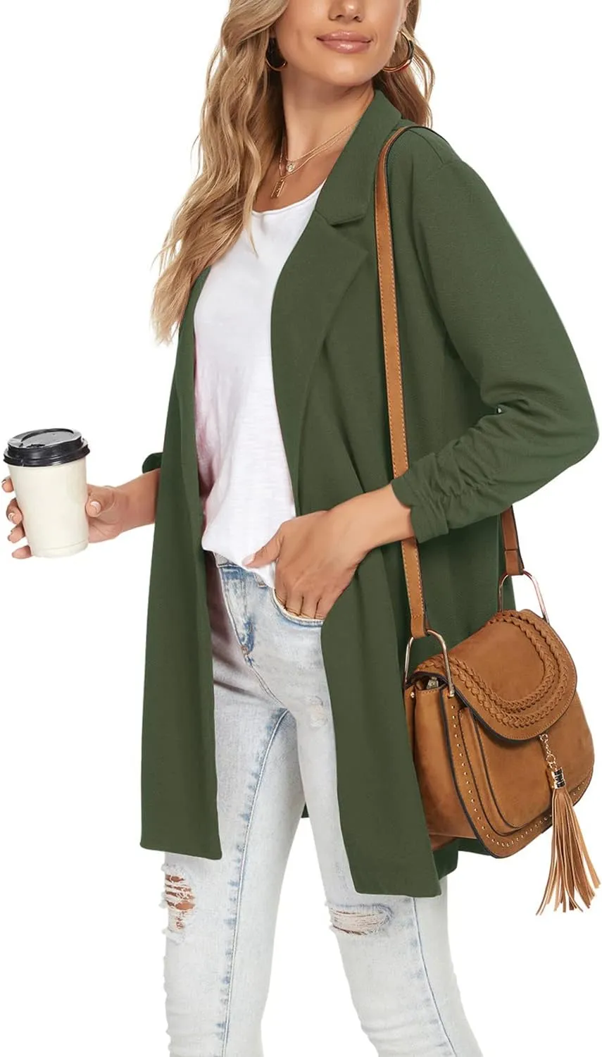 Unifizz Women Long Blazers for Business Casual 3/4 Sleeve Button Front Notch Lapel Lightweight Work Office Blazer Jackets