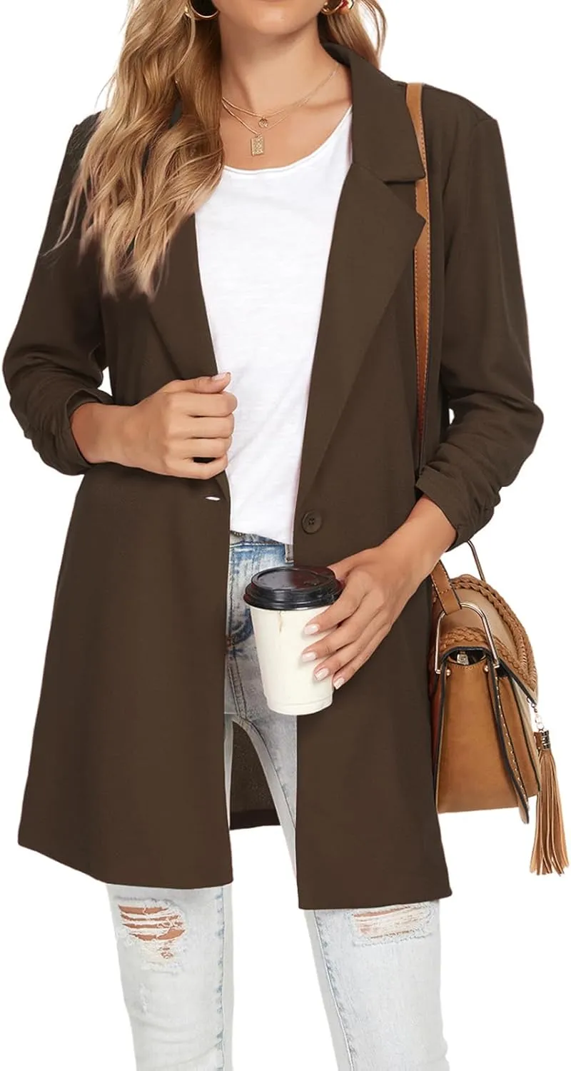 Unifizz Women Long Blazers for Business Casual 3/4 Sleeve Button Front Notch Lapel Lightweight Work Office Blazer Jackets
